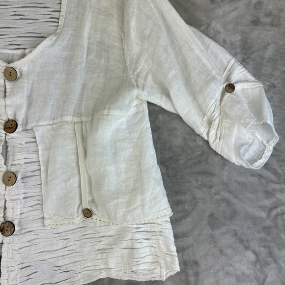 Italian Made 100% Linen Blouse Women's M White Button Up Sheer Lagenlook (1302) - Picture 2 of 10
